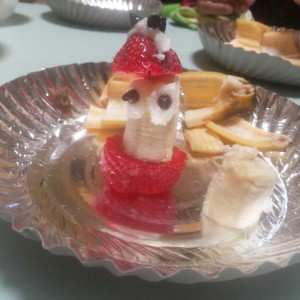 we made this banana strawberry choco chip snowman at school